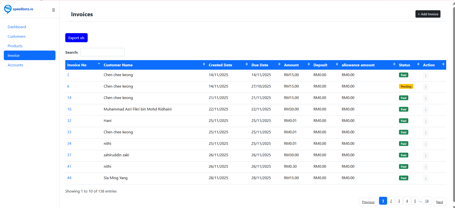Speedbots Invoice List with paid and pending status